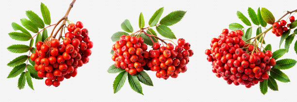 秋季红色山楂果串与绿色叶子图片下载