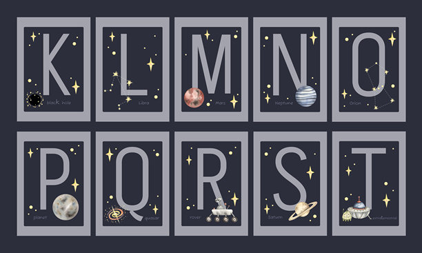 带有英文字母的卡片。手绘水彩太空插图的教育卡片。第二部分图片下载