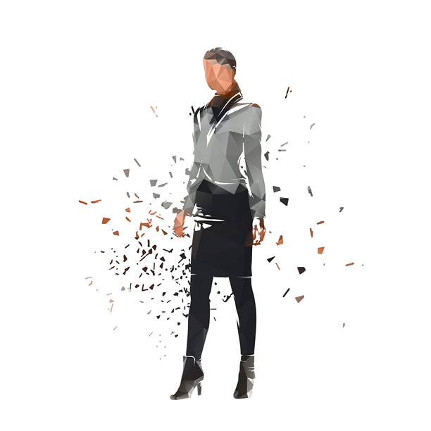 站立的女商人，抽象低多边形矢量插图。散射效果图片下载