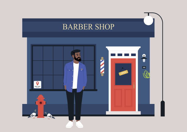 一位姿势放松的时尚男士在理发店外等候，理发店拥有鲜红色的门和醒目的美容标志，捕捉了热闹街道的活力图片下载