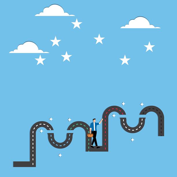 商人穿越一系列相互连接的道路，每条颜色代表不同的职业机会图片下载