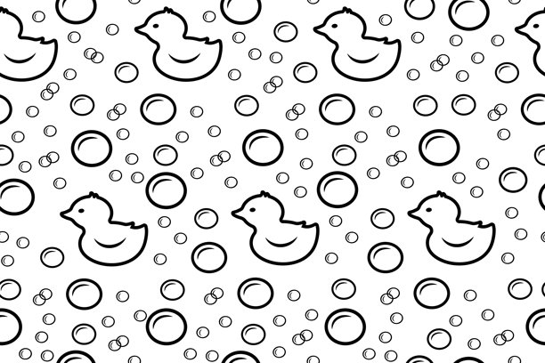 肥皂泡和小鸭图案。水泡的线性无缝图案。儿童可爱的涂鸦背景，适用于卫生产品。图片下载