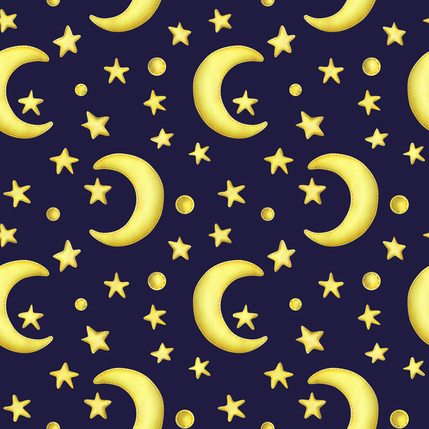 黄色半月与星星，采用布料和线缝制而成。水彩插图，手绘。深蓝色背景上的无缝图案。图片下载