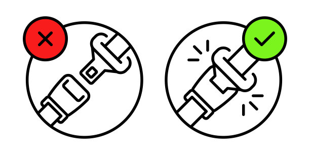 安全带标志。未锁定和锁定的驾驶员及乘客安全带图标，带有扣件和带子。汽车和飞机乘客的安全带保护。锁定和解锁的安全带。图片下载