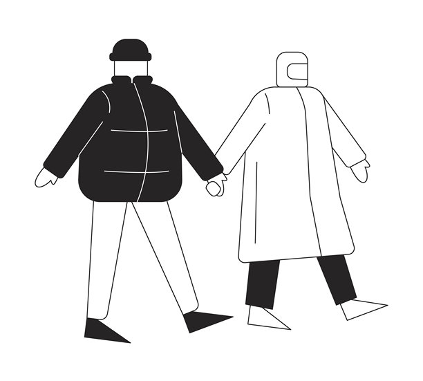 冬季外套情侣手牵手的黑白二维线条人物图片下载