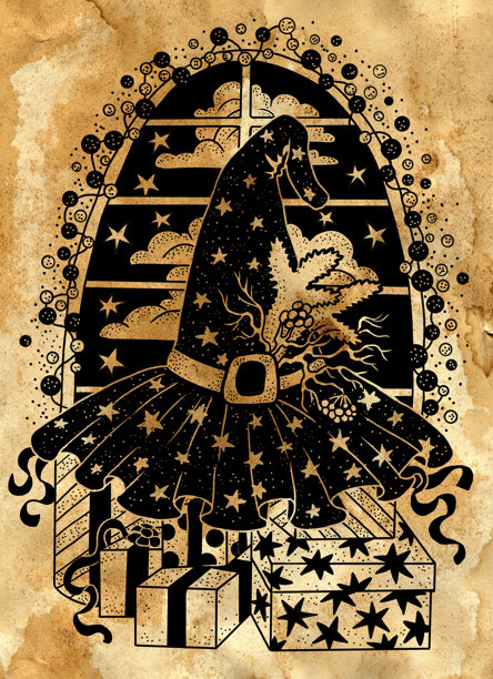 风格化的颓废插图，装饰着女巫帽和礼品盒，背景是带灯光的窗户，旧纸背景。神秘、哥特式和神秘的海报或卡片。万圣节和新年概念。图片下载