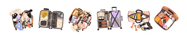 旅行行李箱套装。打开的行李箱里装满了衣物和旅行物品。运动包，整齐与杂乱的手提行李为度假旅行打包。白色背景上的扁平孤立矢量插图。图片下载
