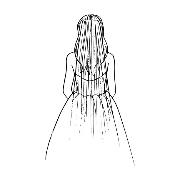 新娘背影。新娘穿着束身裙，长面纱和披肩长发 - 手绘轮廓素描图片下载