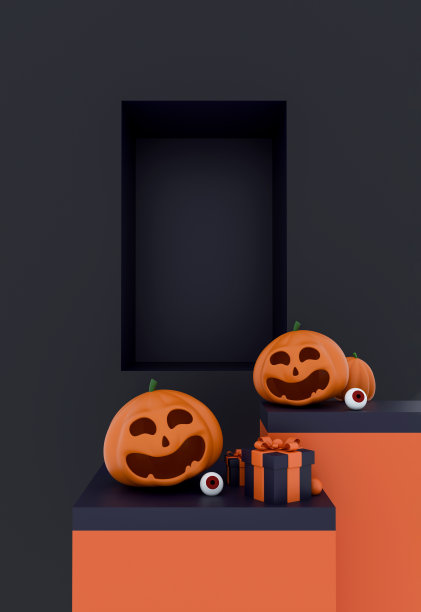 万圣节南瓜和礼品盒在简约展示架上。3D插图图片下载