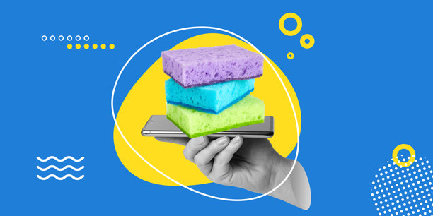 清洁。家庭服务的移动应用。拨打员工电话，手中智能手机屏幕上的彩色海绵，极简艺术拼贴。图片下载