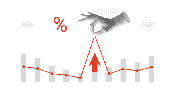 提高生产力：手将图表举起，旁边是百分号，极简艺术拼贴图片下载