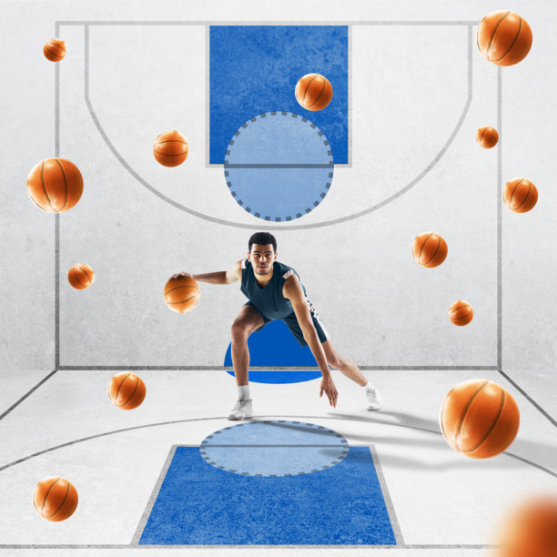专注的年轻篮球运动员在干净的蓝白色球场上快速精准运球的当代艺术拼贴图片下载