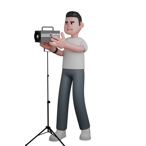 3D男性媒体角色。一位男性摄影师站在他用双手握住的摄影灯后面，仿佛想根据自己的意愿调整灯光。专业摄影师图片下载
