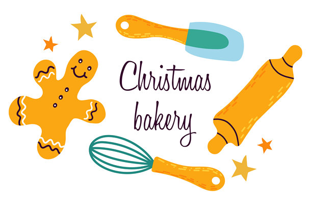 节日圣诞烘焙插图，包含姜饼人、擀面杖、打蛋器、刮刀和装饰星星。图片下载