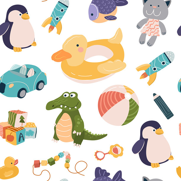 可爱的毛绒玩具和塑料玩具的无缝图案。图片下载