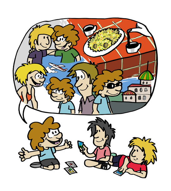 可爱的小男孩角色躺在地板上，向朋友们展示照片并讲述他假期的冒险故事。色彩丰富的卡通风格手绘矢量插图。图片下载