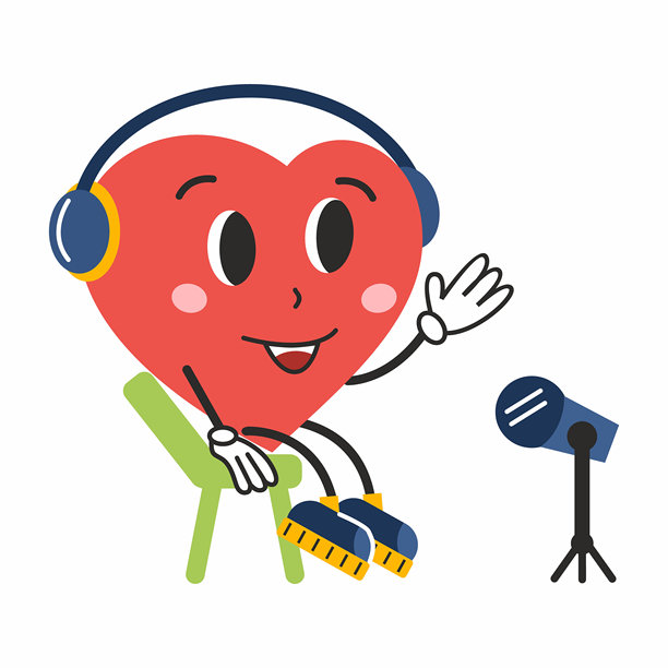 复古风格的心形唱片播客贴纸。适合2月14日情人节的贴纸。可爱的角色用于生日祝福。图片下载