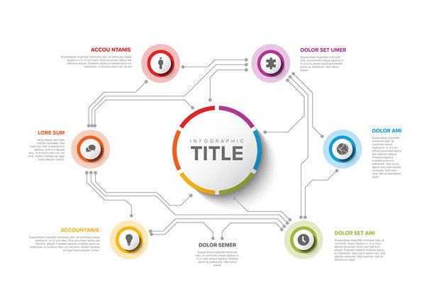 简单多彩的圆形电路信息图设计模板，包含六个元素图片下载