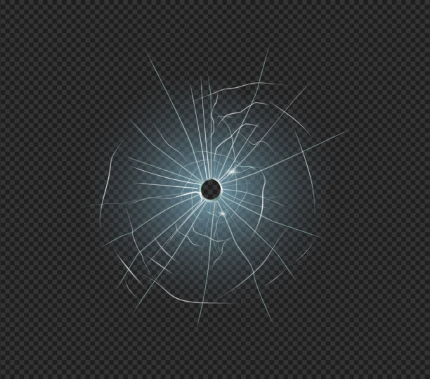 子弹穿透玻璃的痕迹，破碎的窗户或汽车挡风玻璃，枪击效果。矢量真实损坏裂纹纹理，带孔和裂缝的实体屏幕表面，事故设计元素图片下载