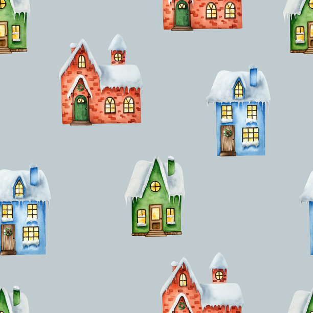 无缝图案，冬季被雪覆盖的房屋。圣诞节水彩手绘插图，背景独立。适用于设计师、装饰、商店、明信片、包装纸、封面。适用于海报和纺织品。图片下载