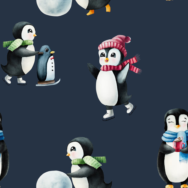 可爱微笑的企鹅无缝图案。圣诞北极动物，水彩手绘插图，背景独立。适用于设计师、装饰、商店、明信片、包装纸、封面。适合海报和纺织品。图片下载