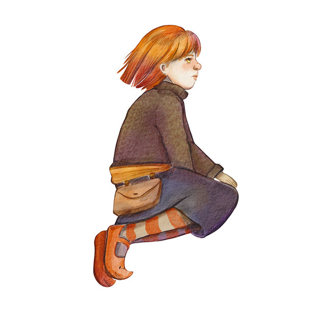 水彩插图：红发女孩穿着舒适的秋季服装，搭配条纹长袜和小挎包。非常适合儿童书籍、秋季主题设计或项目中的角色发展。图片下载