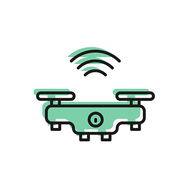 智能无人机系统图标，黑色线条，白色背景，带摄像头的四轴飞行器矢量图图片下载