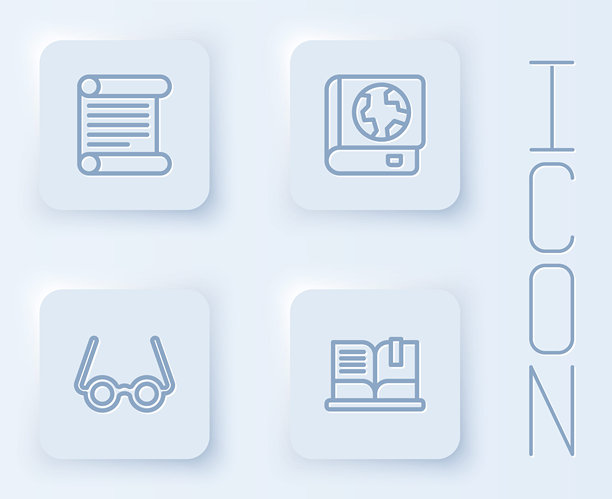 法令、羊皮纸、卷轴、地球仪和书籍、眼镜和打开图标白色方形按钮矢量素材图片下载