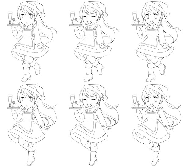 穿着圣诞老人服装的女服务员手里端着香槟和鸡肉图片下载