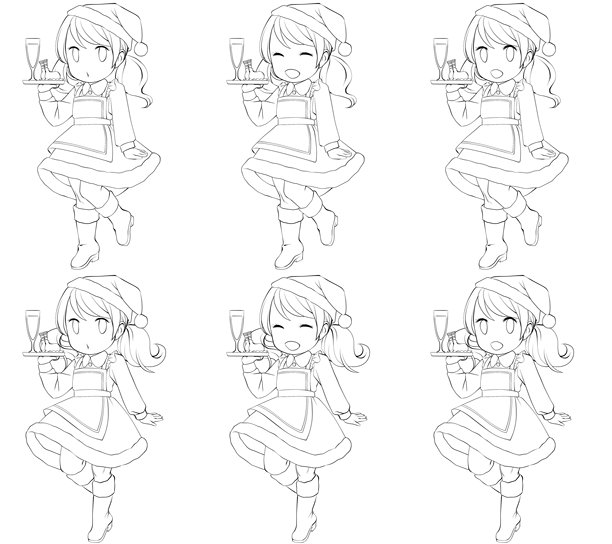 穿着圣诞老人服装的女服务员手里端着香槟和鸡肉图片下载