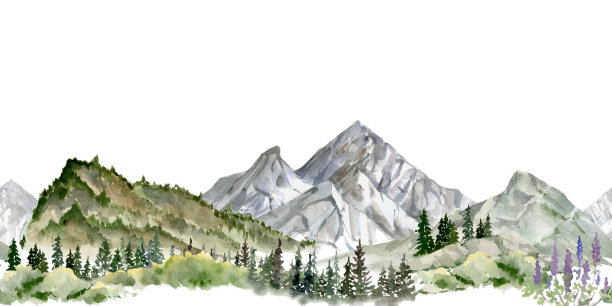 雪山峰峦的风景，陡峭的悬崖和岩石，阿尔卑斯山的美景，松树林，水彩手绘。无缝横幅。适用于旅游、度假村广告、徒步旅行和露营地点、假期。图片下载