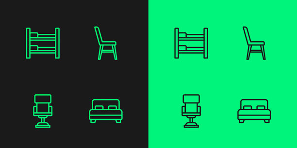 大床、办公椅、双层床和椅子图标。矢量图。图片下载