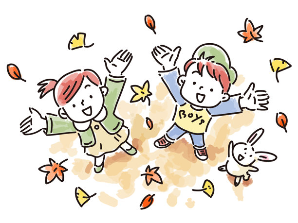 孩子们和兔子快乐地仰望从天而降的落叶图片下载