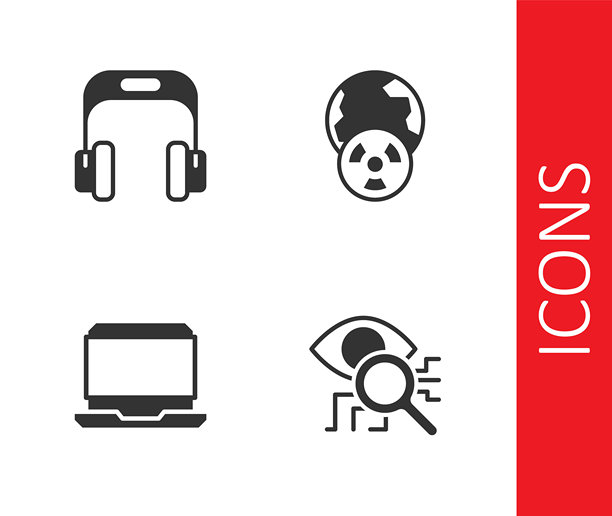 眼睛扫描、耳机、笔记本电脑和地球及辐射图标。矢量图。图片下载