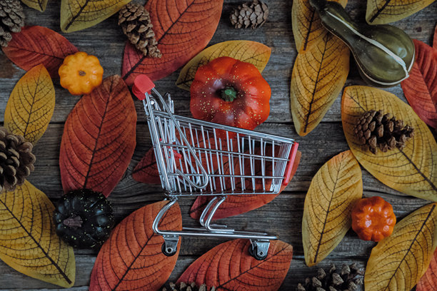 桌子上放着装有南瓜、松果和树叶的购物车。图片下载