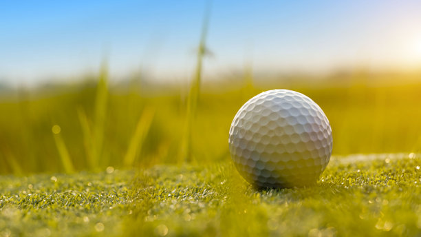 高尔夫球在美丽的高尔夫球场的绿草坪上，沐浴在晨光中。图片下载