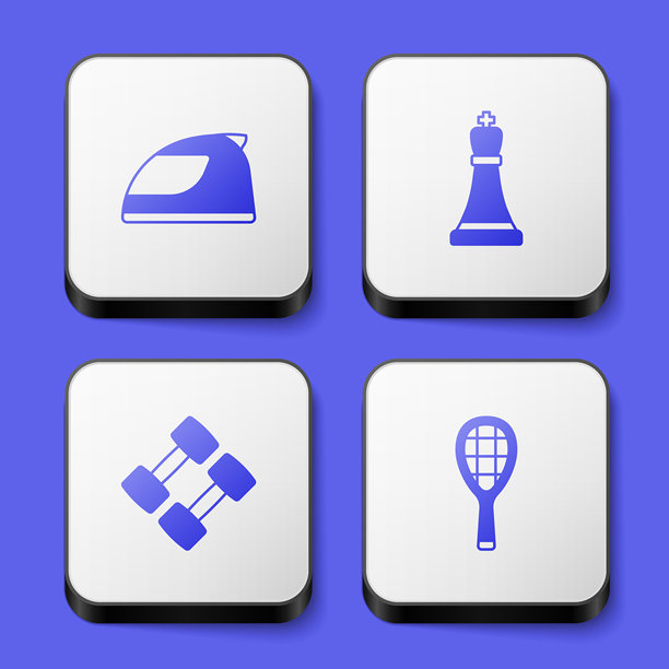 赛车头盔、国际象棋、哑铃和网球拍图标。白色方形按钮。矢量图。图片下载
