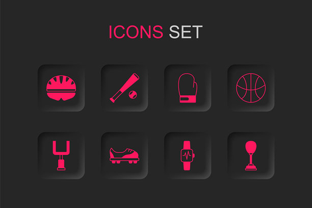 足球鞋、棒球棒、自行车头盔、智能手表、篮球等运动器材图标矢量素材图片下载