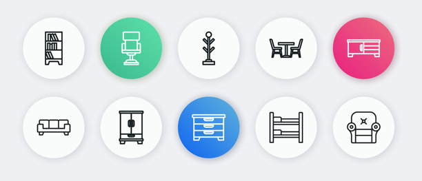 抽屉柜、电视柜、沙发、双层床、桌椅、外套、扶手椅和衣柜图标组合矢量素材图片下载