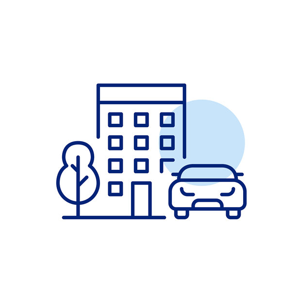 公寓楼、树和汽车。可进入的城市住宅，带停车位。像素完美的矢量图标。图片下载