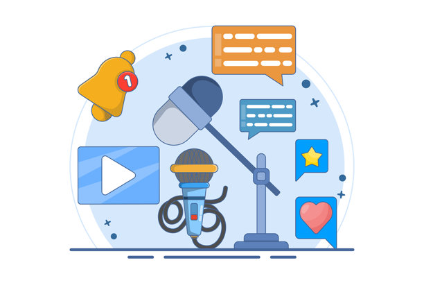 播客内容概念。播客应用程序、广播广告、广播电台、流媒体、在线活动、博客、媒体营销、数字录音。背景上的扁平矢量插图。图片下载