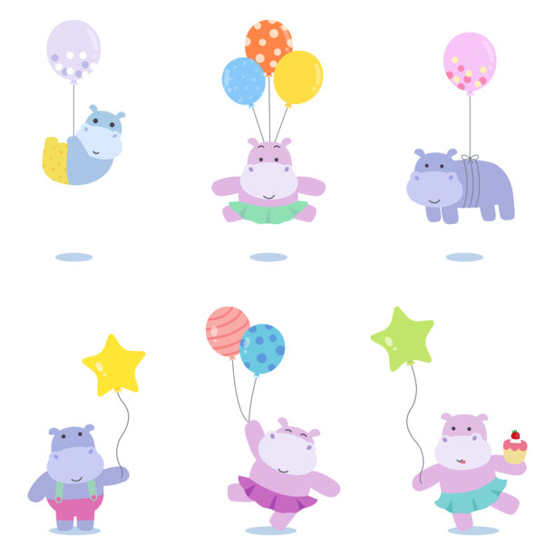 一组可爱的河马角色手持气球。图片下载
