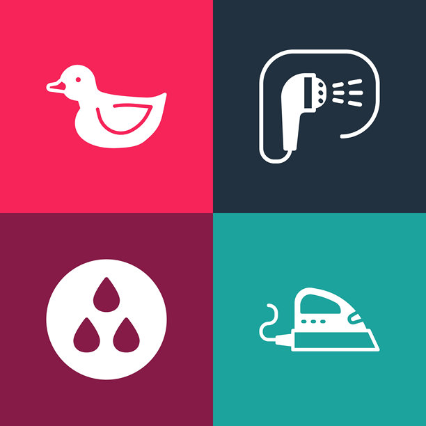 波普艺术电熨斗、水滴、淋浴和橡皮鸭图标。矢量图。图片下载