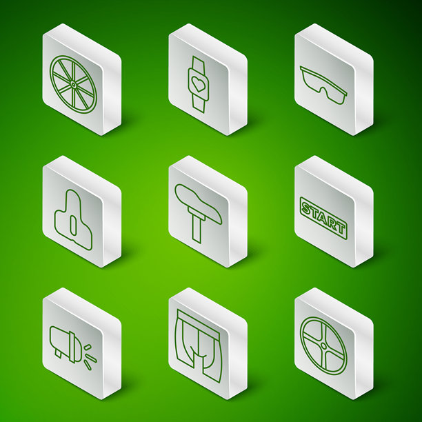 自行车轮、骑行短裤、座椅、智能手表、头灯和丝带终点线图标。矢量图。图片下载