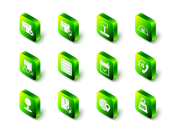 包含盾牌的包裹安全、天平、机库、24小时电话支持、重量、日历复选标记、全球定位和信封图标矢量素材图片下载