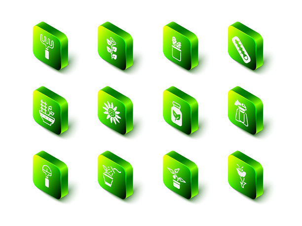 常春藤枝、仙人掌皮尤特盆栽、气象温度计、植物架上的植物、花朵、肥料瓶和喷洒植物图标。矢量图。图片下载