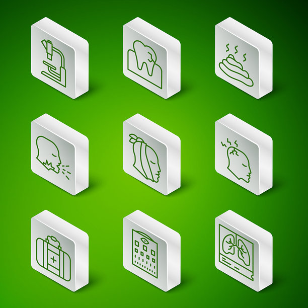 肺部X光片、视力检查表、显微镜、牙痛、男人咳嗽、龋齿、急救箱和头痛图标矢量素材图片下载