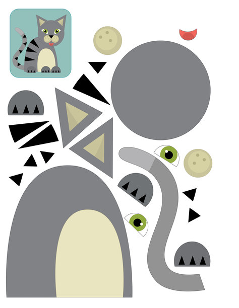 卡通场景，角色拼图剪切，教育练习手册，使用剪刀，农场牧场动物，猫咪插图，适合儿童的剪切活动图片下载