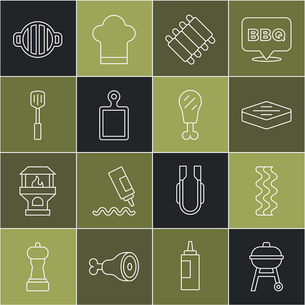 烧烤架、培根条、牛排、烤猪肋排、切菜板、铲子和鸡腿图标。矢量图。图片下载