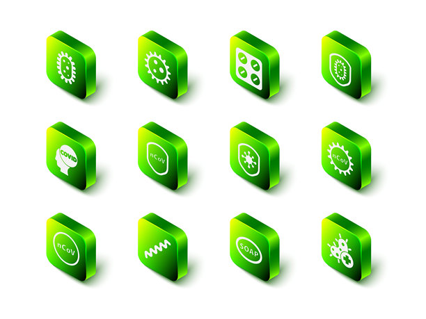 病毒、泡罩包装中的药丸、病毒防护罩、2019-nCoV冠状病毒、阳性、肥皂和图标矢量素材图片下载